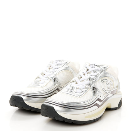 Chanel Fabric Laminated Calfskin Stretch CC Womens Sneakers 37 White Silver 4 of 9