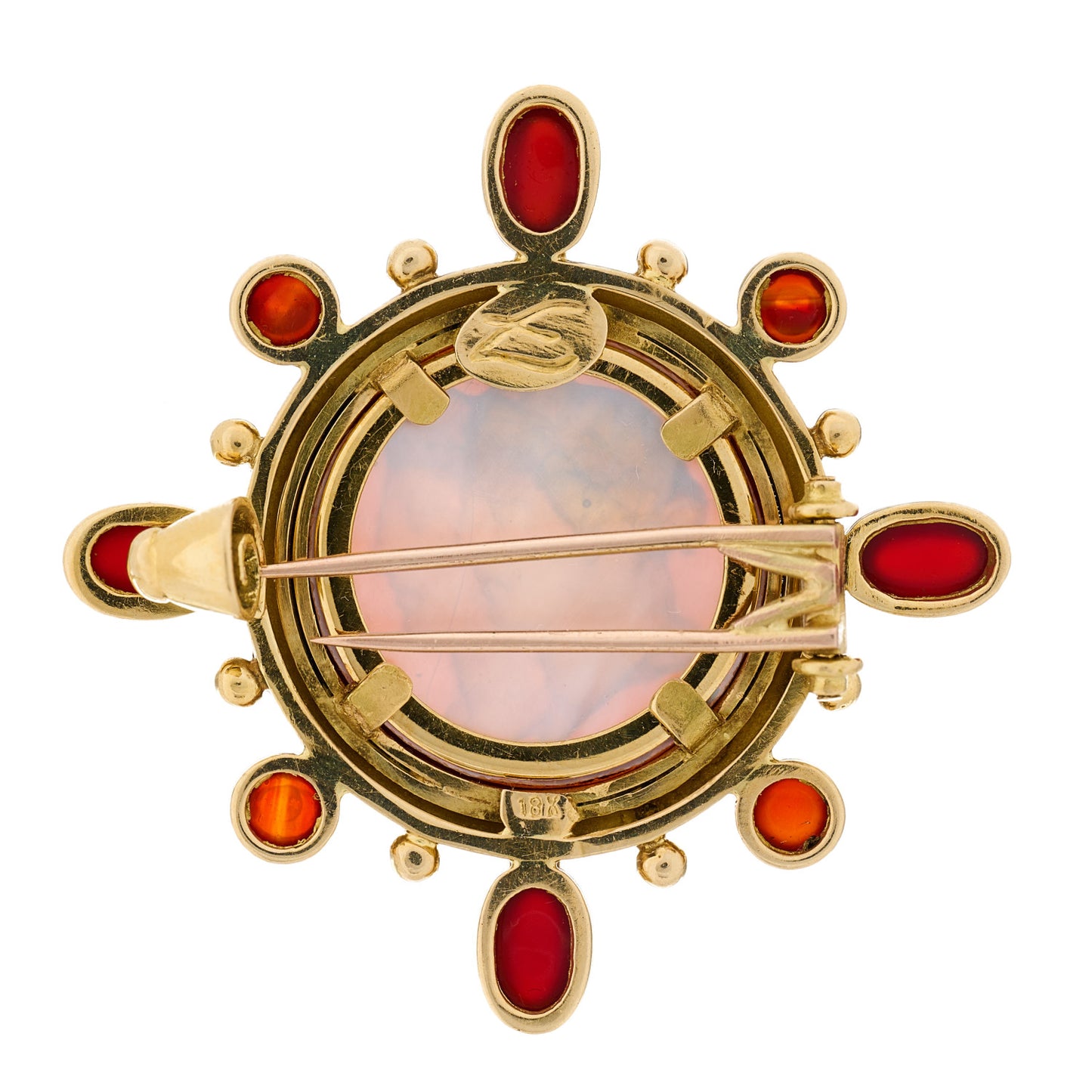 18K Yellow Gold Venetian Glass Mother of Pearl Carnelian Intaglio Brooch Pin