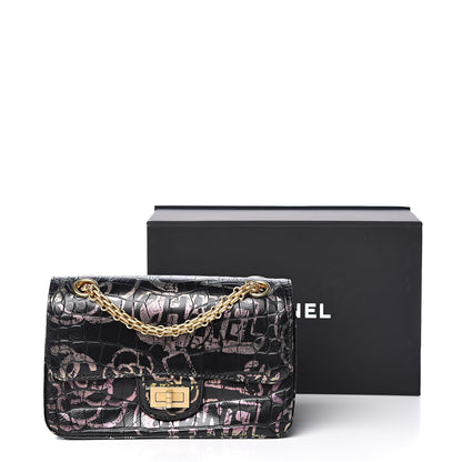 Chanel Calfskin Crocodile Embossed Graffiti 2.55 Mini Cocodile Reissue Flap Black Pink 12 of 12