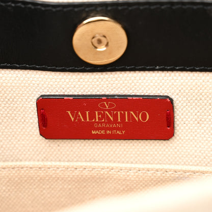 Valentino Garavani Canvas Calfskin VLTN Print Small Rockstud Tote Naturale Black 6 of 12