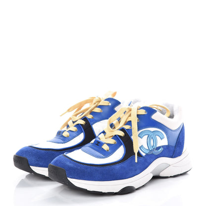 Chanel Nylon Lambskin Suede CC Womens Sneakers 37.5 Blue White Black 3 of 13