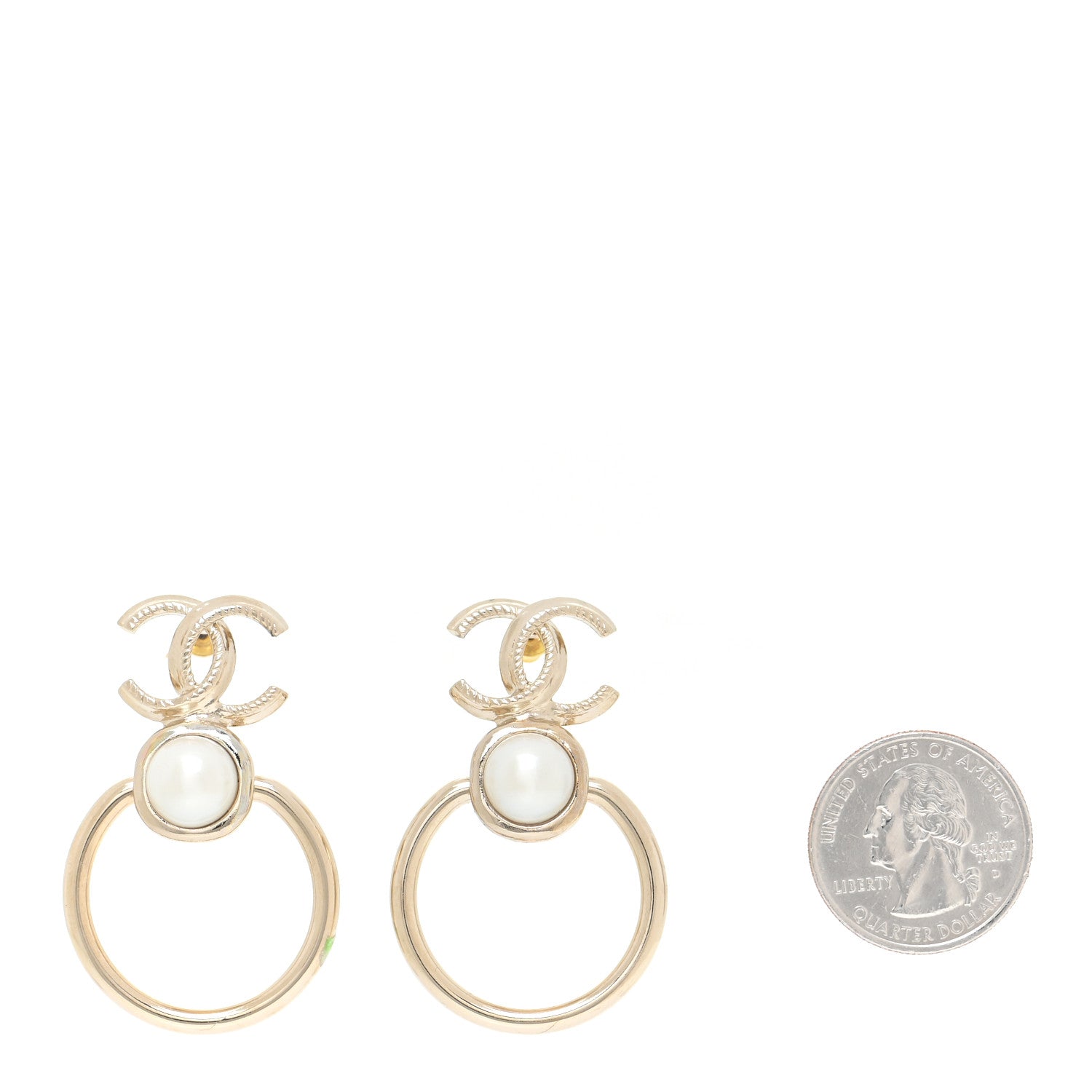 Chanel Metal Pearl CC Hoop Drop Earrings Gold 2 of 5