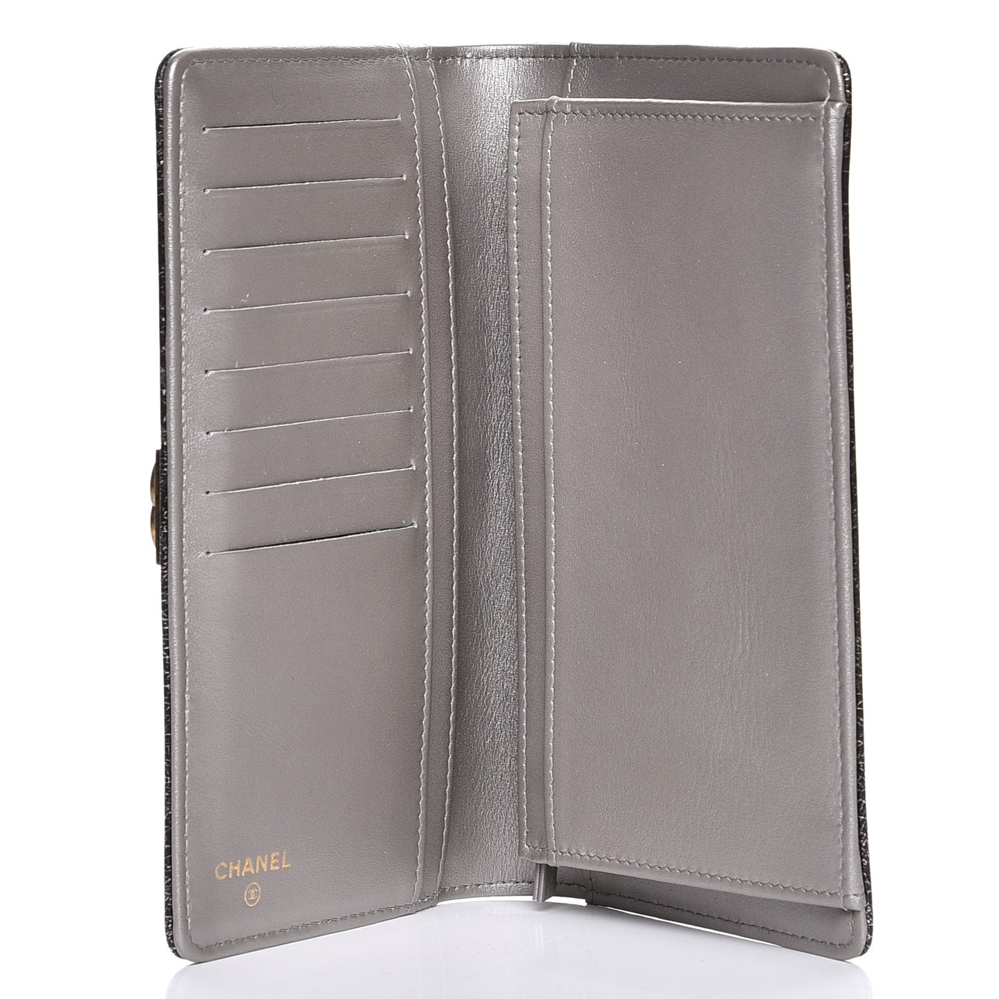 Metallic Calfskin Quilted Boy Yen Wallet Dark Silver