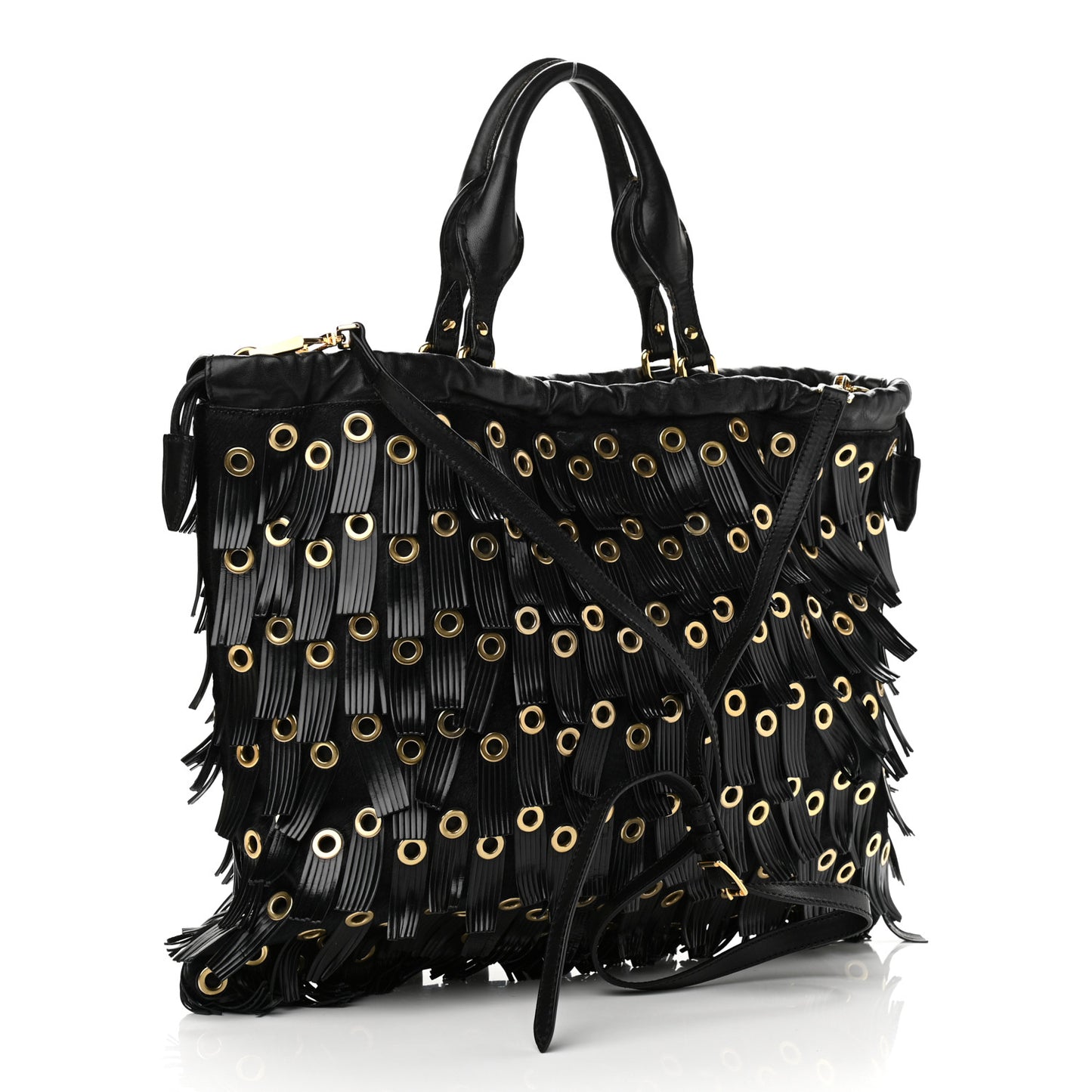 Calf Hair Patent Grommet Fringe Big Crush Tote Black