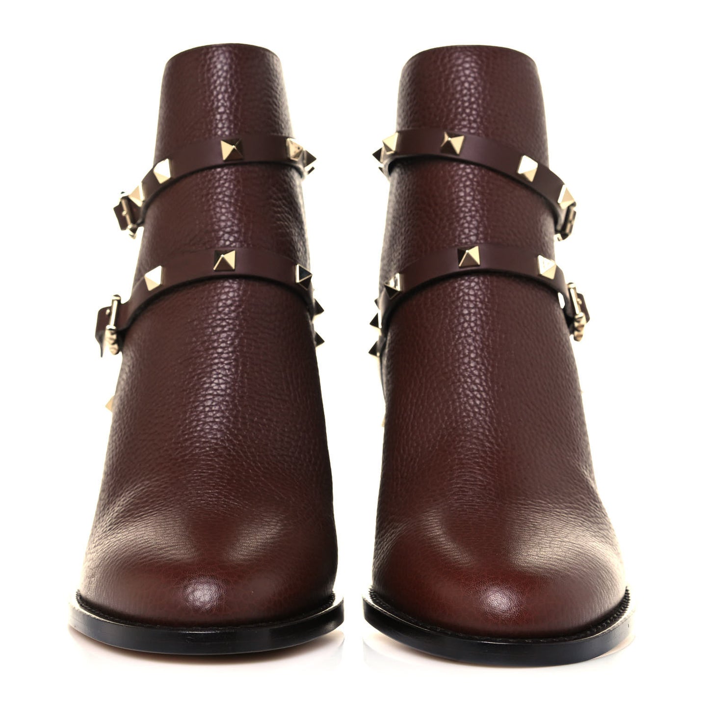 Pebbled Calfskin Rockstud Double Buckle 70mm Block Heel Ankle Boots 41 Rubin