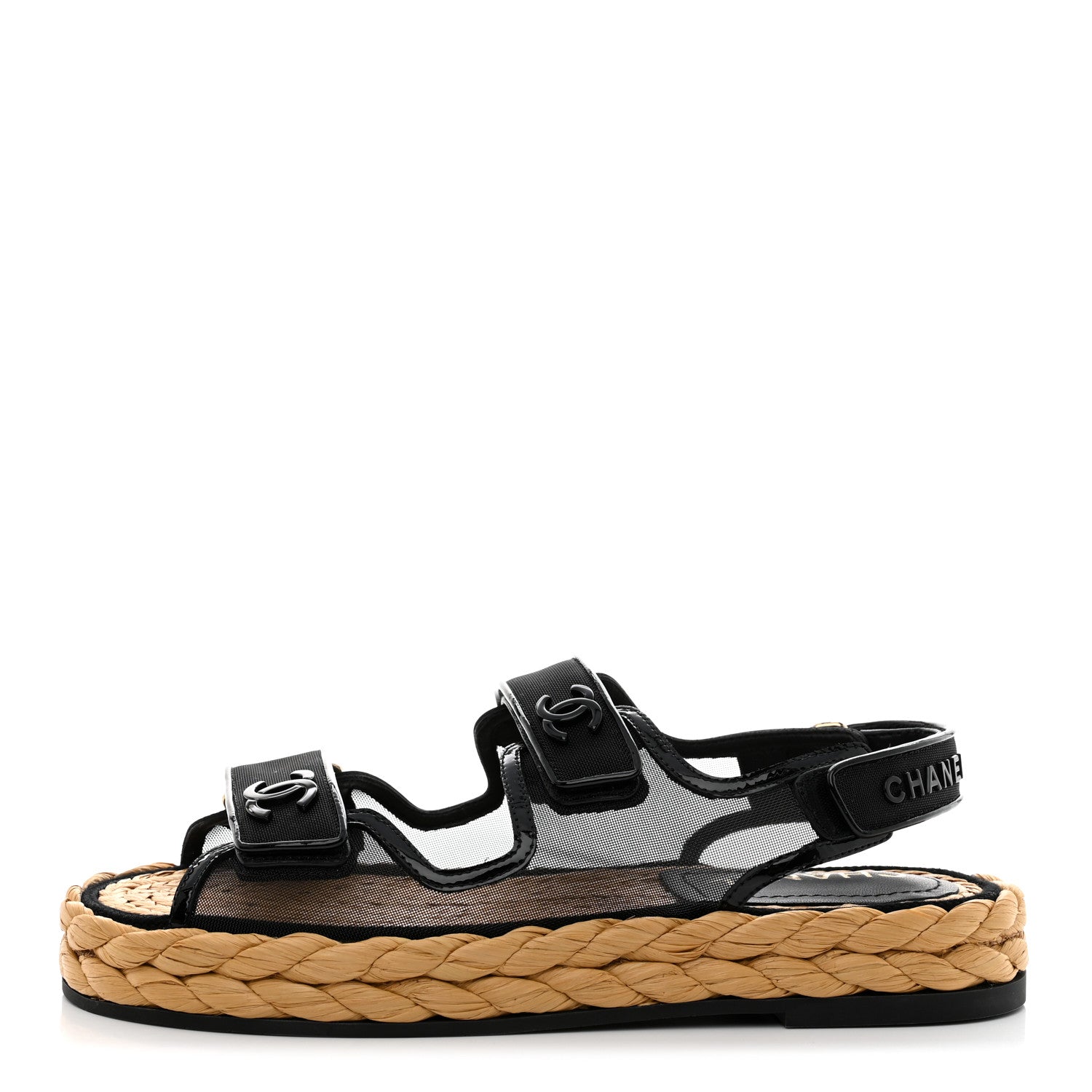 Chanel Mesh Patent Calfskin Velcro Dad Sandals 39 Black 1 of 8