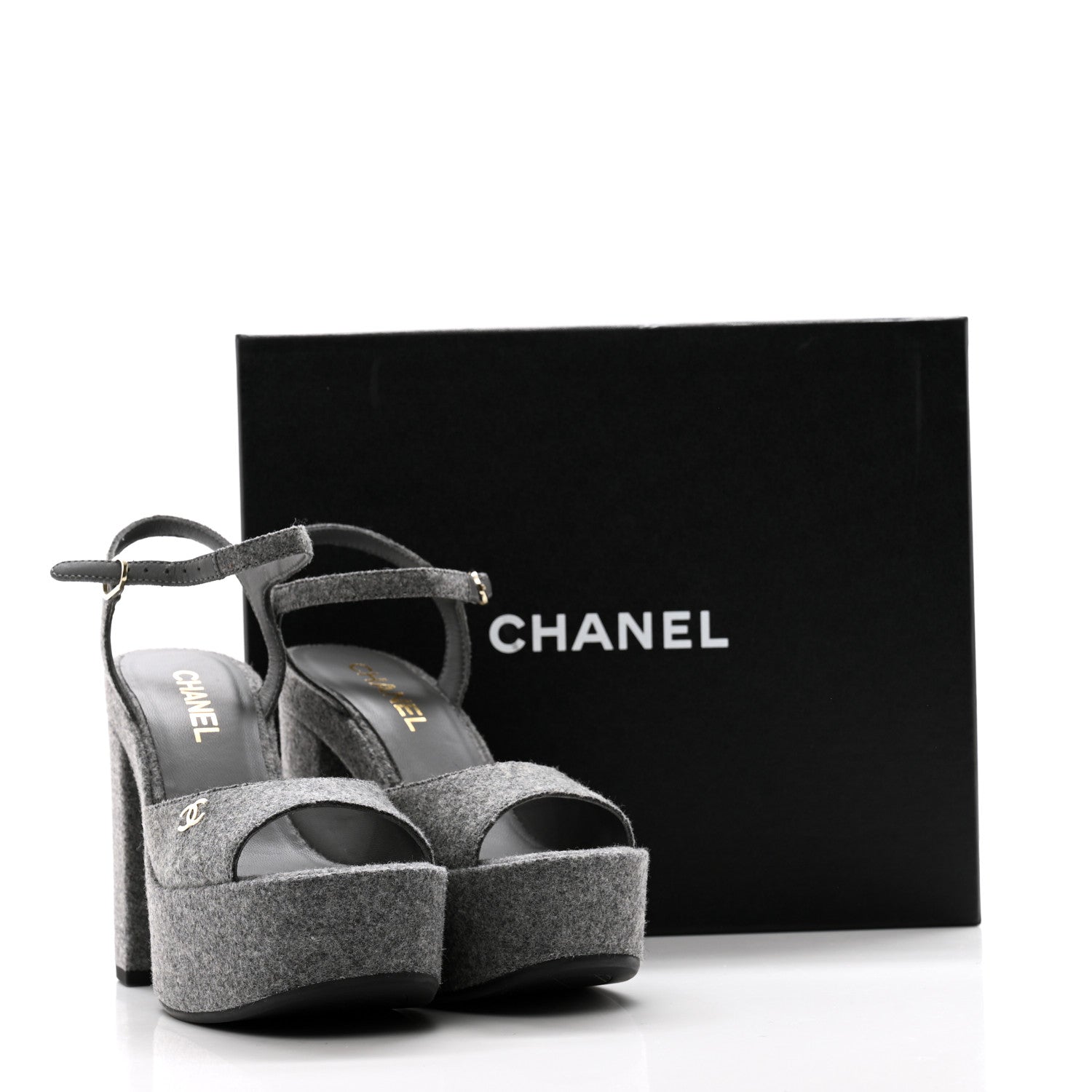 Chanel Wool CC Platform Sandals 38.5 Grey 9 of 9