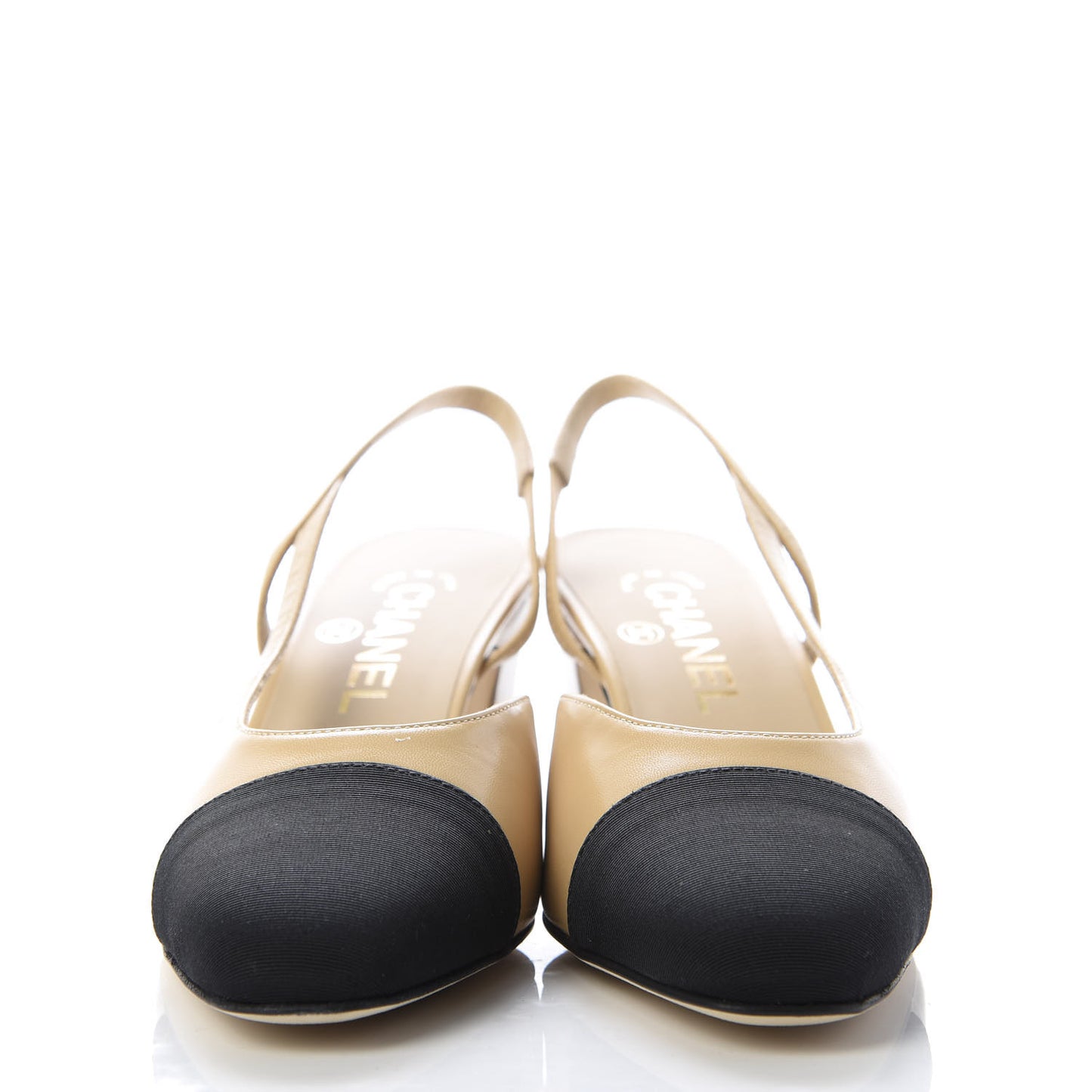 Goatskin Grosgrain Cap Toe CC Slingback Pumps 36.5 Beige Black
