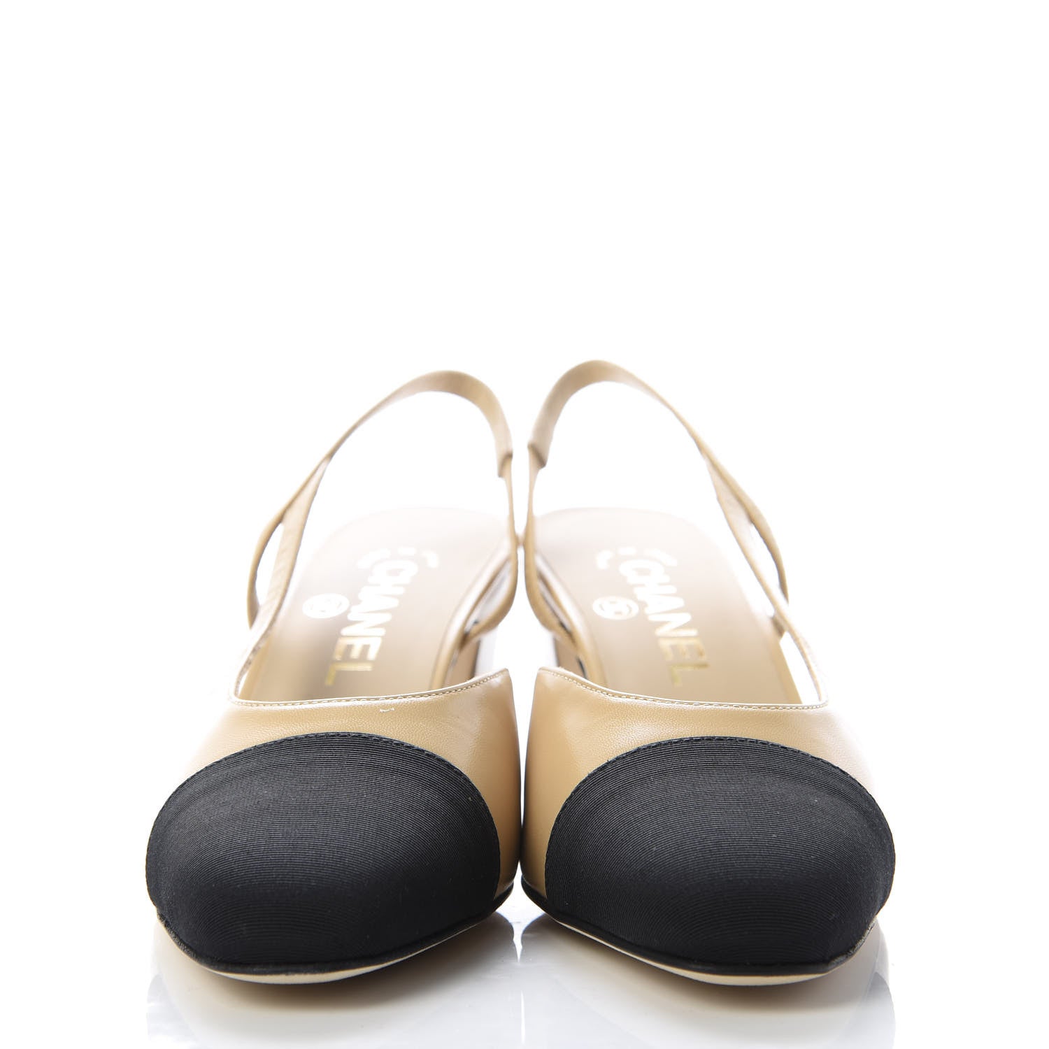 Chanel Goatskin Grosgrain Cap Toe CC Slingback Pumps 36.5 Beige Black 2 of 10