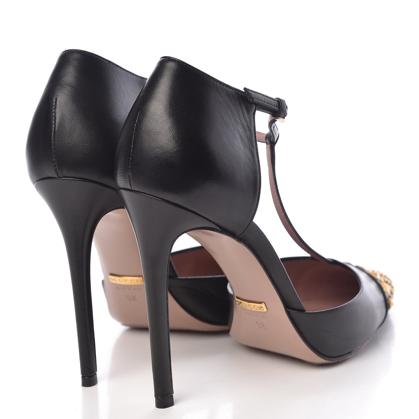 Calfskin Studded Cap Toe Ankle Strap Pumps 38 Black