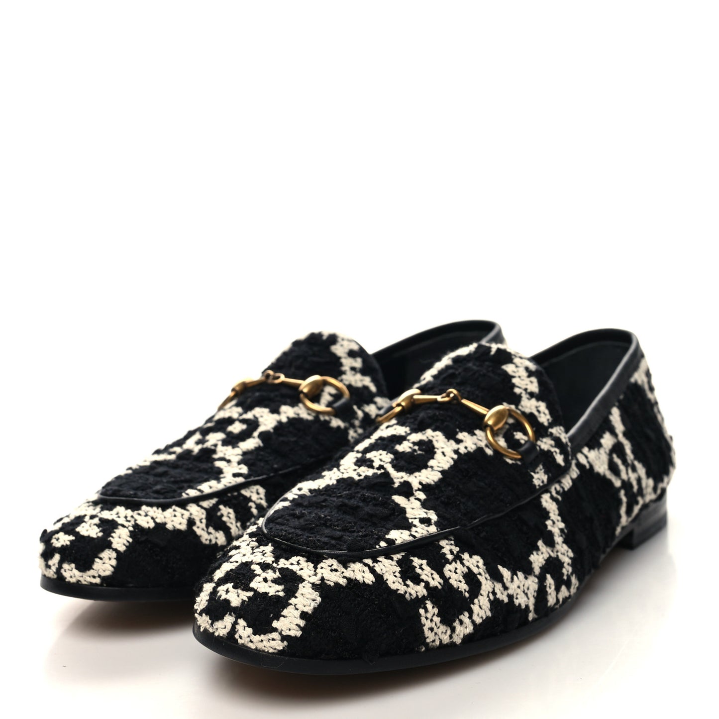 Tweed GG Monogram Horsebit Womens Jordaan Loafers 37.5 Black Natural