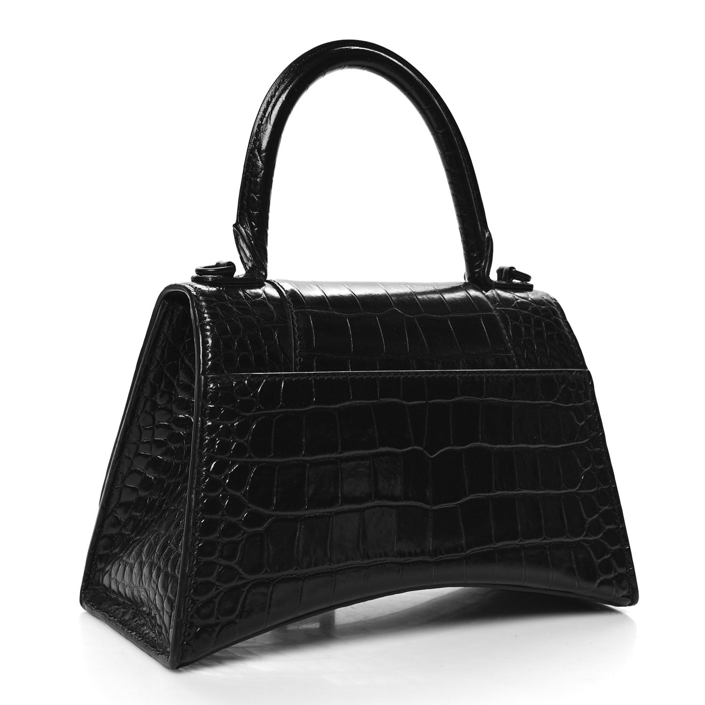 Shiny Calfskin Monochrome Crocodile Embossed Small Hourglass Top Handle Bag Black