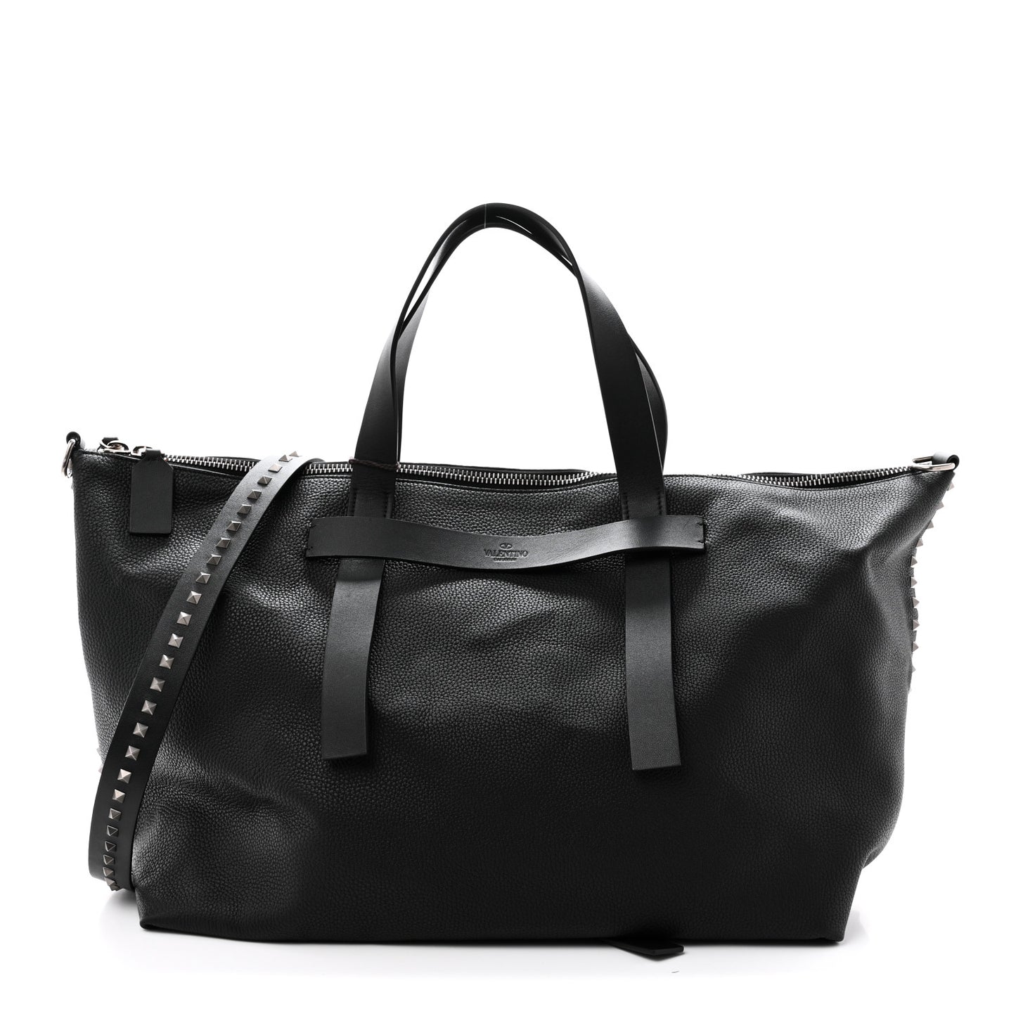 Grained Calfskin Rockstud Travel Tote Bag Black
