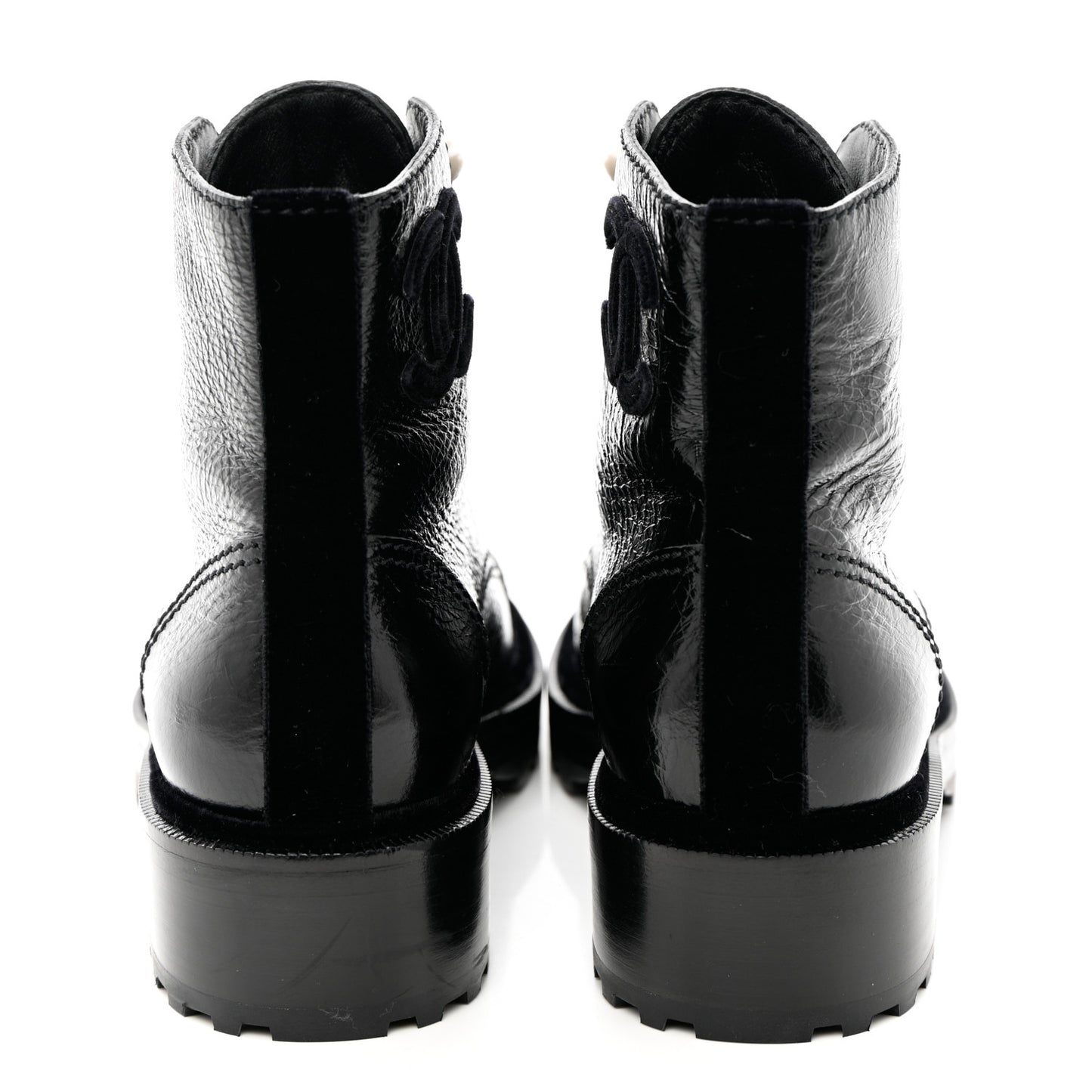 Shiny Calfskin Velvet Pearl Combat Short Boots 37.5 Black