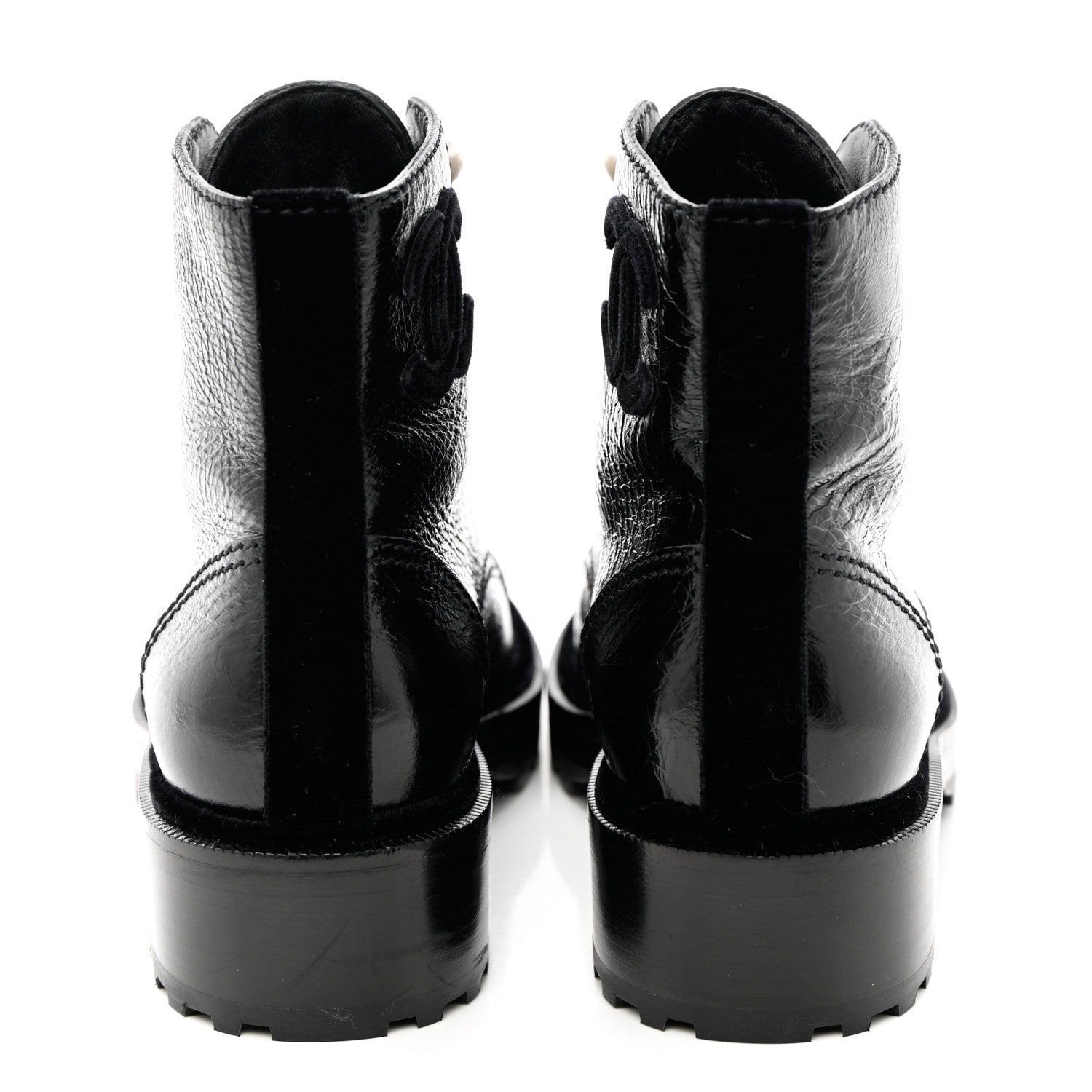 Chanel Shiny Calfskin Velvet Pearl Combat Short Boots 37.5 Black 6 of 10