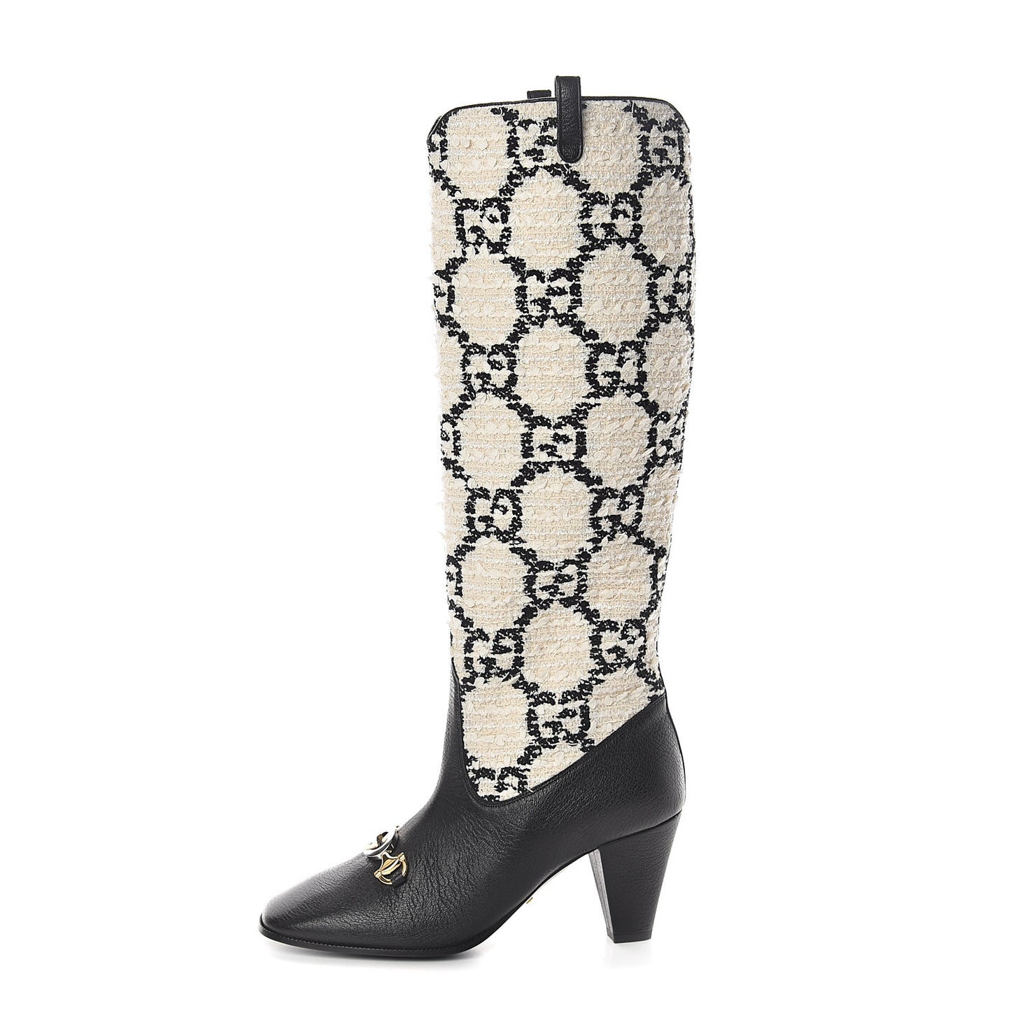 Tweed GG Monogram Wrinkled Kid Zumi Knee Boots 38 Natural Black