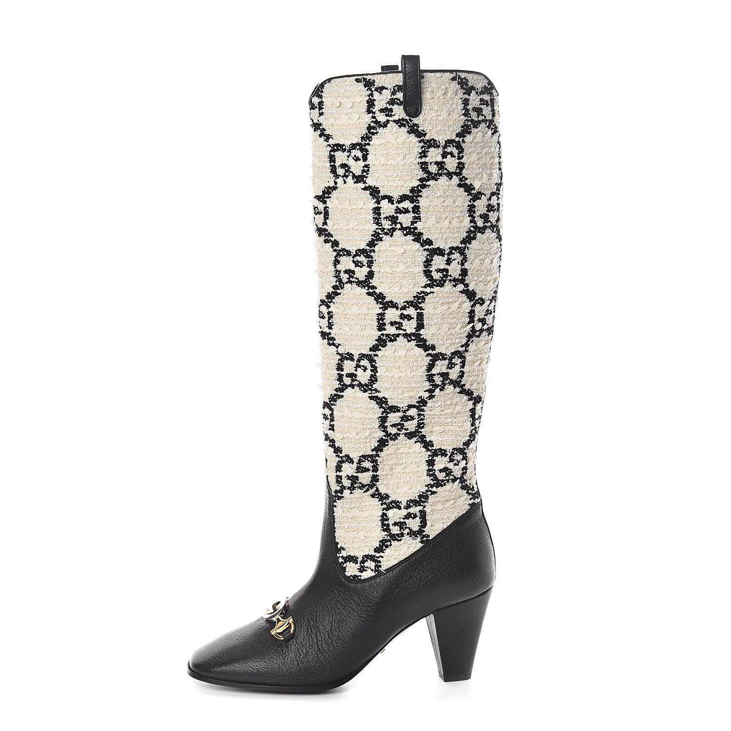Gucci Tweed GG Monogram Wrinkled Kid Zumi Knee Boots 38 Natural Black 1 of 7