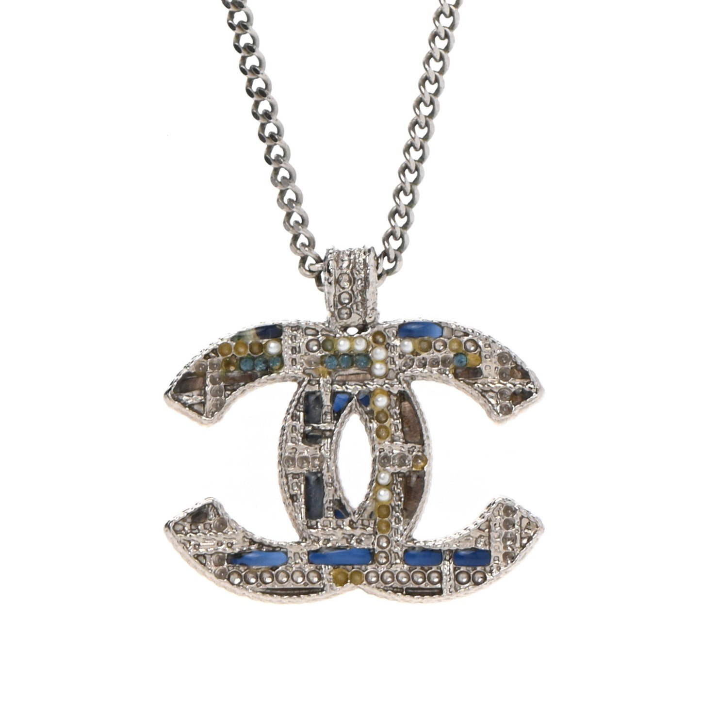 Crystal Pearl Tweed Effect CC Necklace Blue White