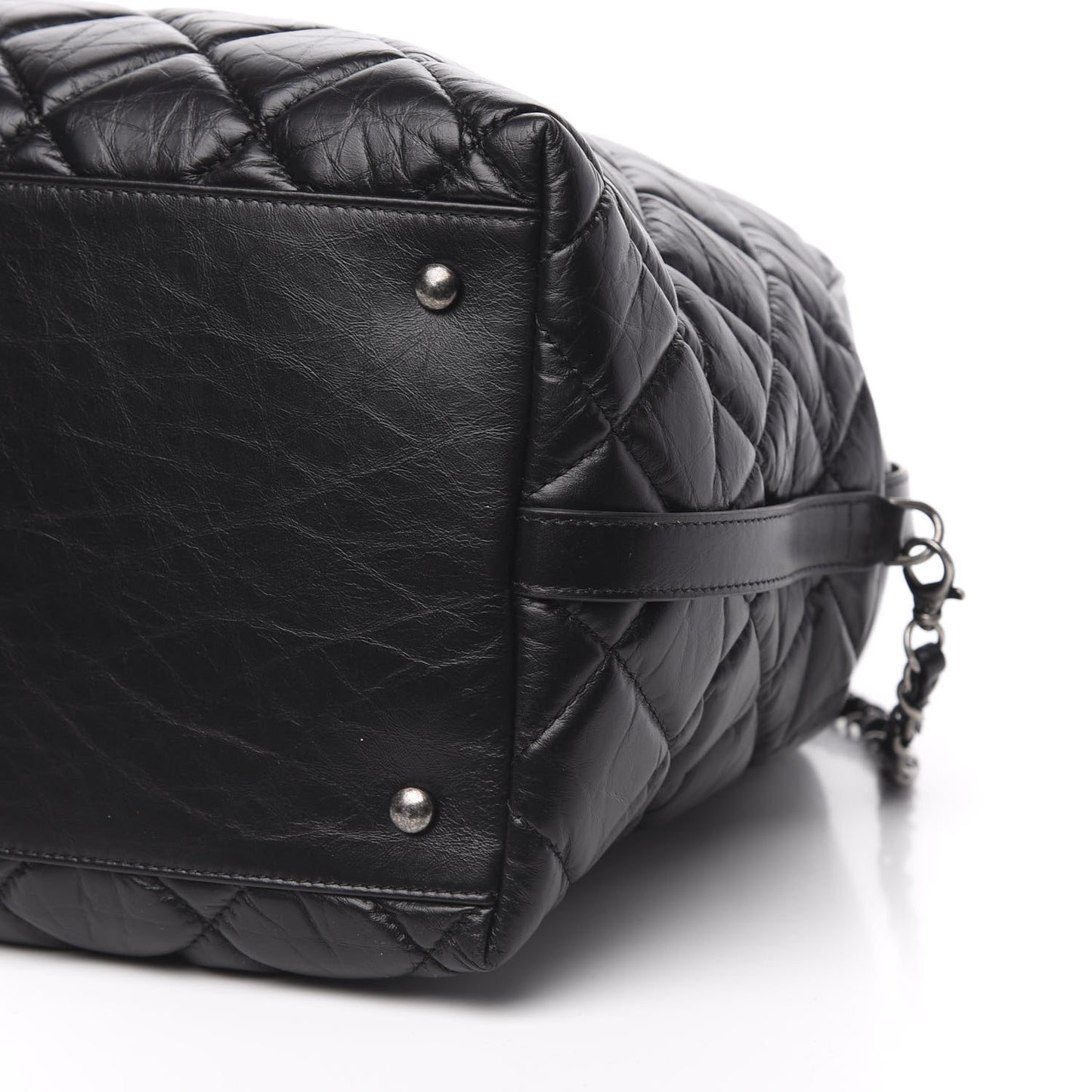 Aged Calfskin Quilted Large Bowling Bag Black