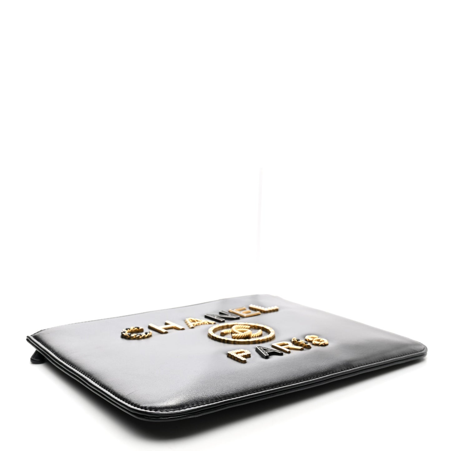 Shiny Calfskin Crystal Pearl Logo Cosmetic Case Black