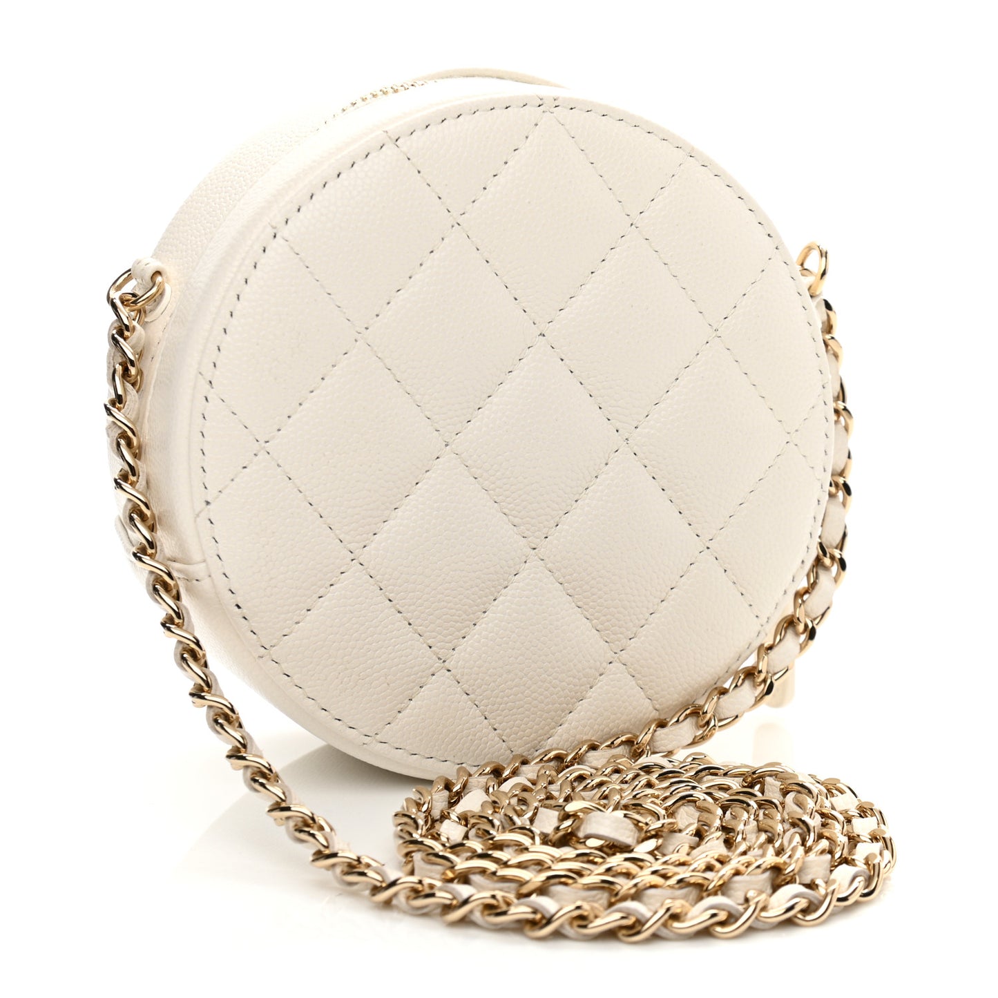 Caviar Quilted Round Clutch With Chain White
