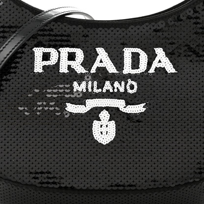 Prada Paillettes Sequin Logo Cleo Adjustable Strap Shoulder Bag Black White 7 of 10