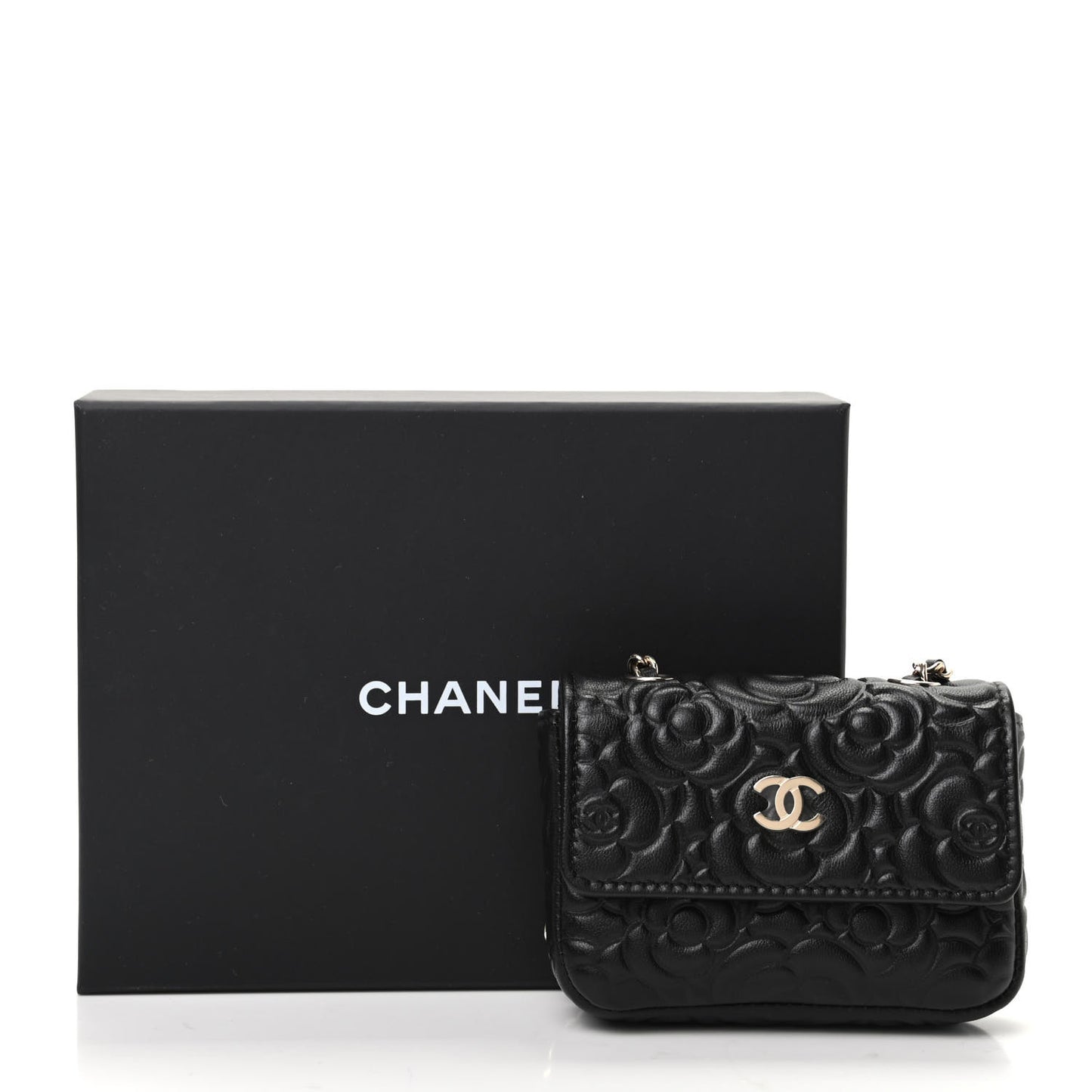 Lambskin Camellia Embossed Chain Belt Bag Black
