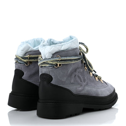 Chanel Suede Nylon Lace Up Snow Boots 37 Grey Blue 4 of 9