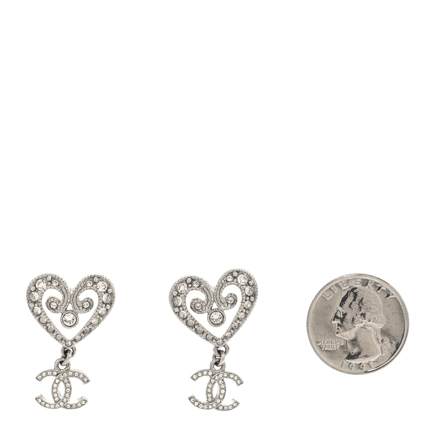 Chanel Crystal CC Heart Drop Earrings Silver 2 of 5