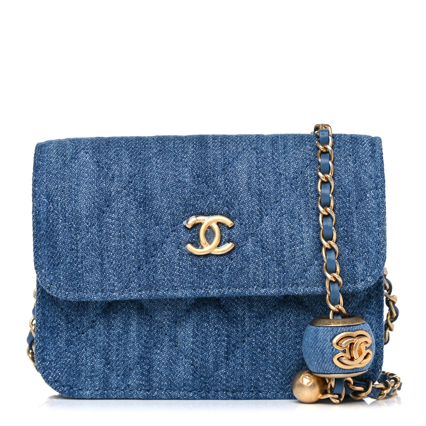 Denim Quilted CC Pearl Crush Clutch With Chain Blue