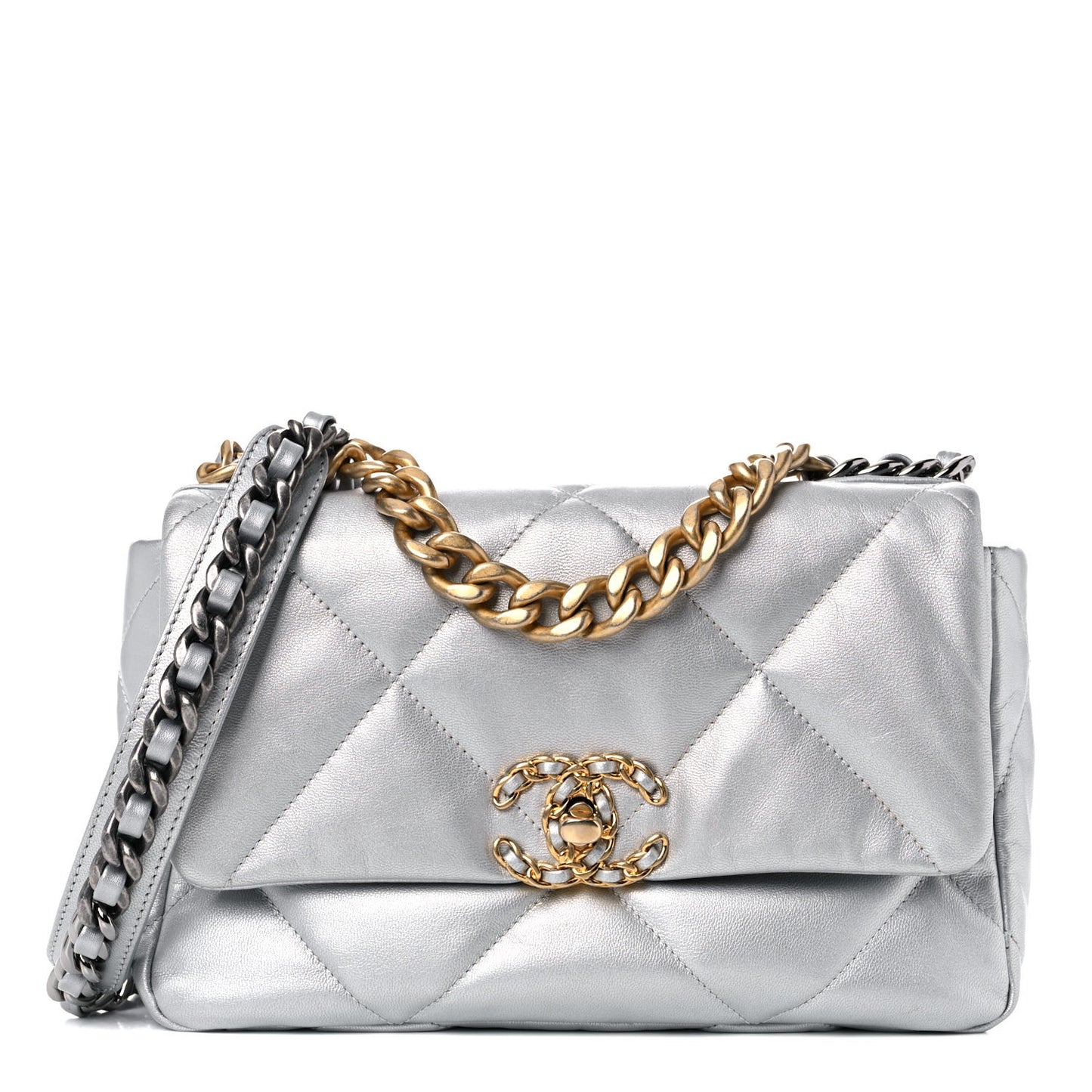 Metallic Goatskin Quilted Medium Chanel 19 Flap Silver
