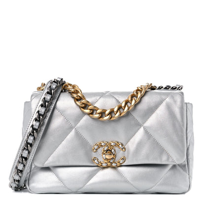 Chanel Metallic Goatskin Quilted Medium Chanel 19 Flap Silver 1 of 10