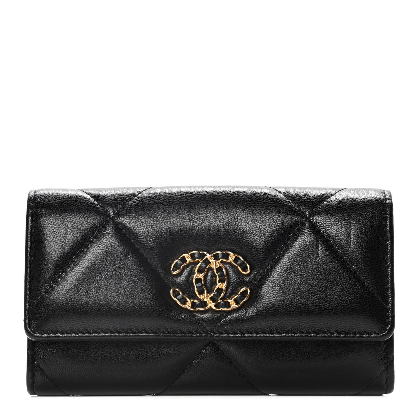 Shiny Goatskin Quilted Chanel 19 Flap Wallet Black