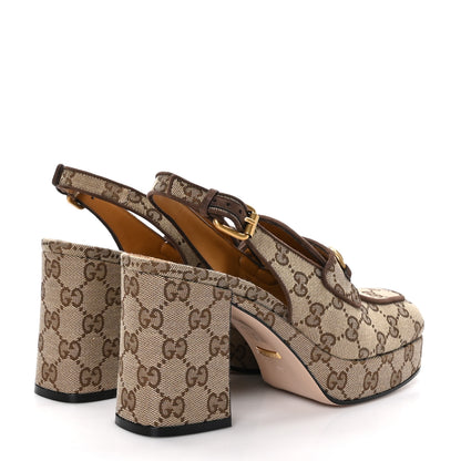 Gucci Monogram Kid Scamosciato Horsebit Platform 25/85mm Slingback Mules 39 Beige Ebony New Acero 4 of 9
