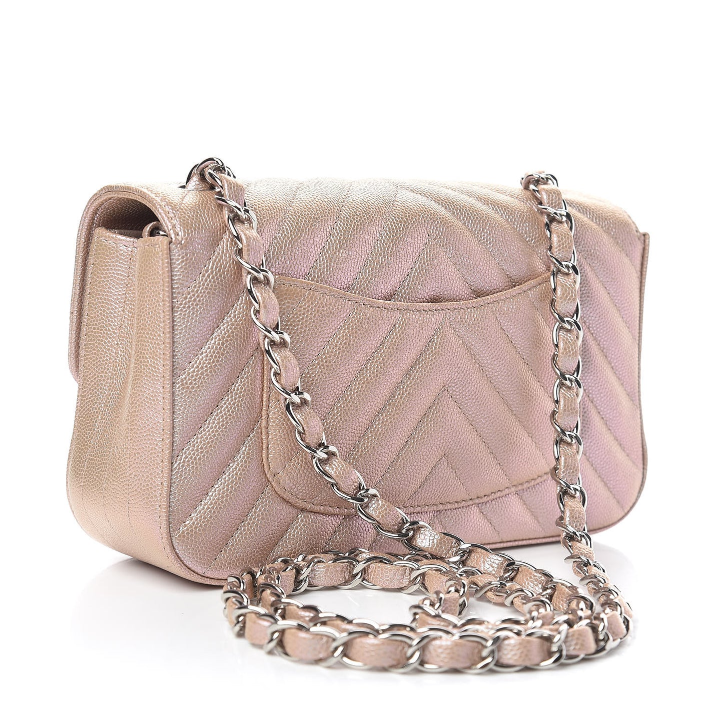 Iridescent Caviar Chevron Quilted Mini Rectangular Flap Light Gold