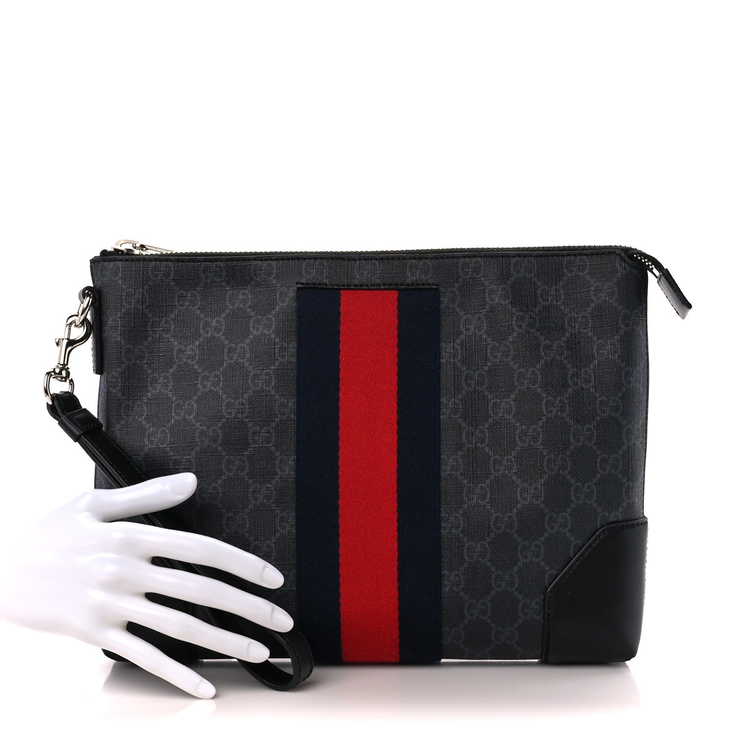 GG Supreme Monogram Calfskin Web Flat Wristlet Black Grey