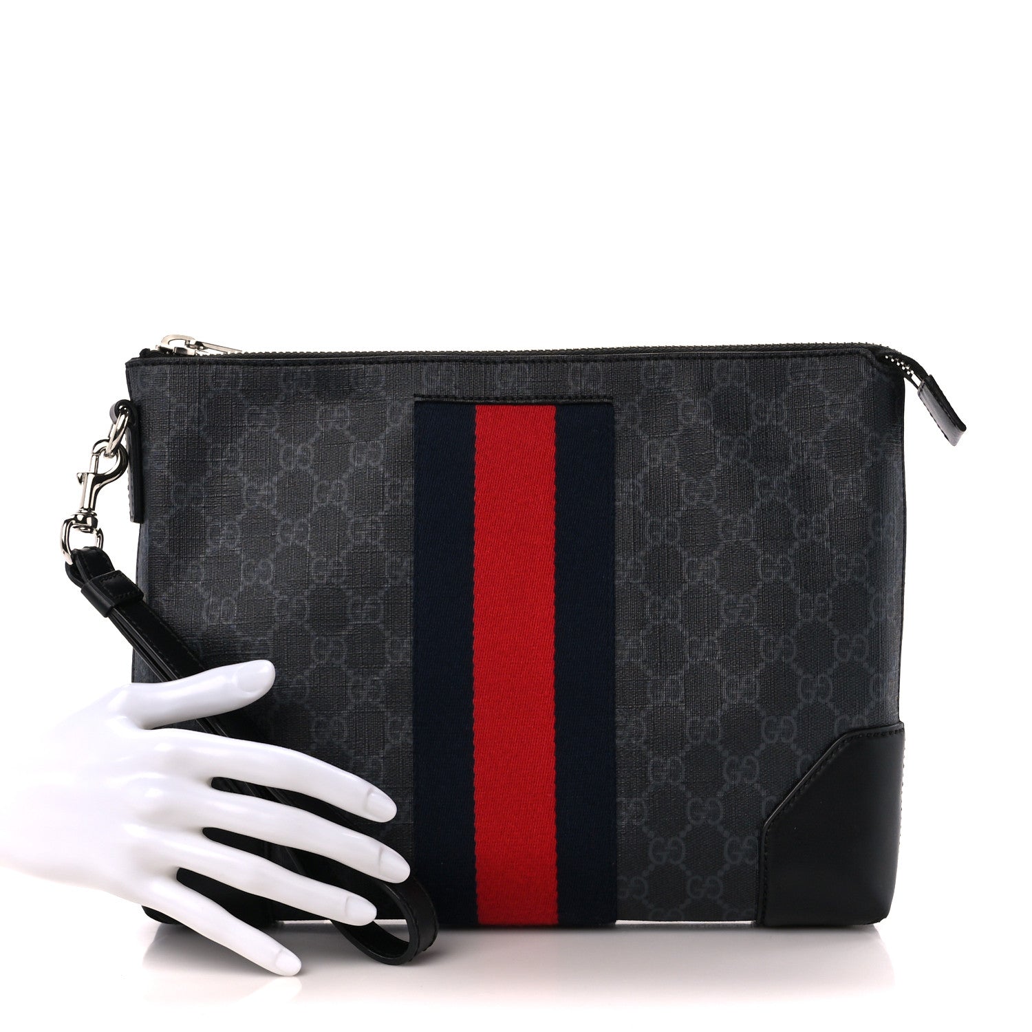 Gucci GG Supreme Monogram Calfskin Web Flat Wristlet Black Grey 2 of 12