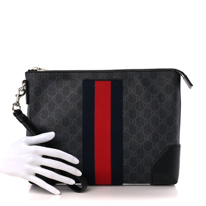Gucci GG Supreme Monogram Calfskin Web Flat Wristlet Black Grey 2 of 12