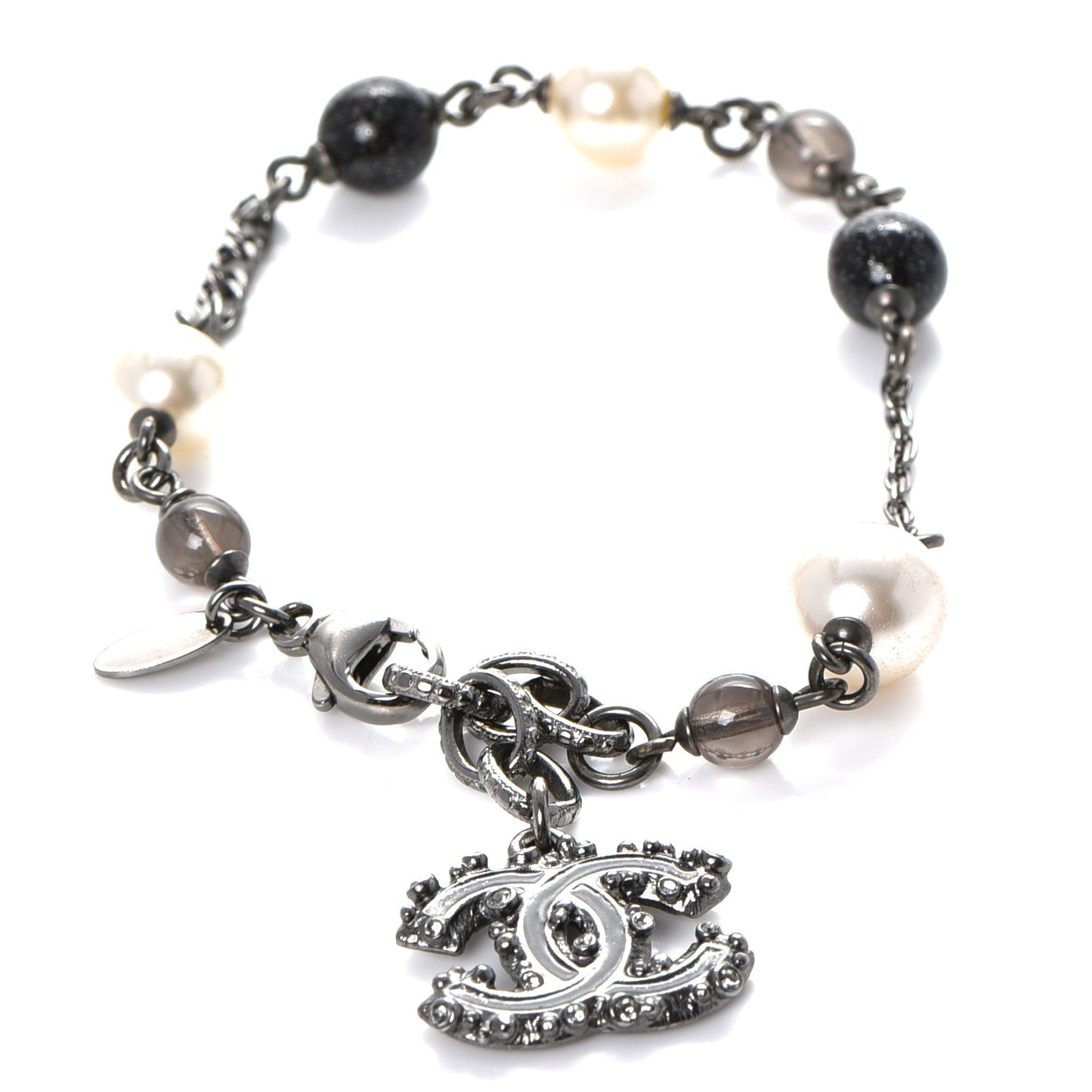 Pearl Beaded CC Bracelet Black Silver