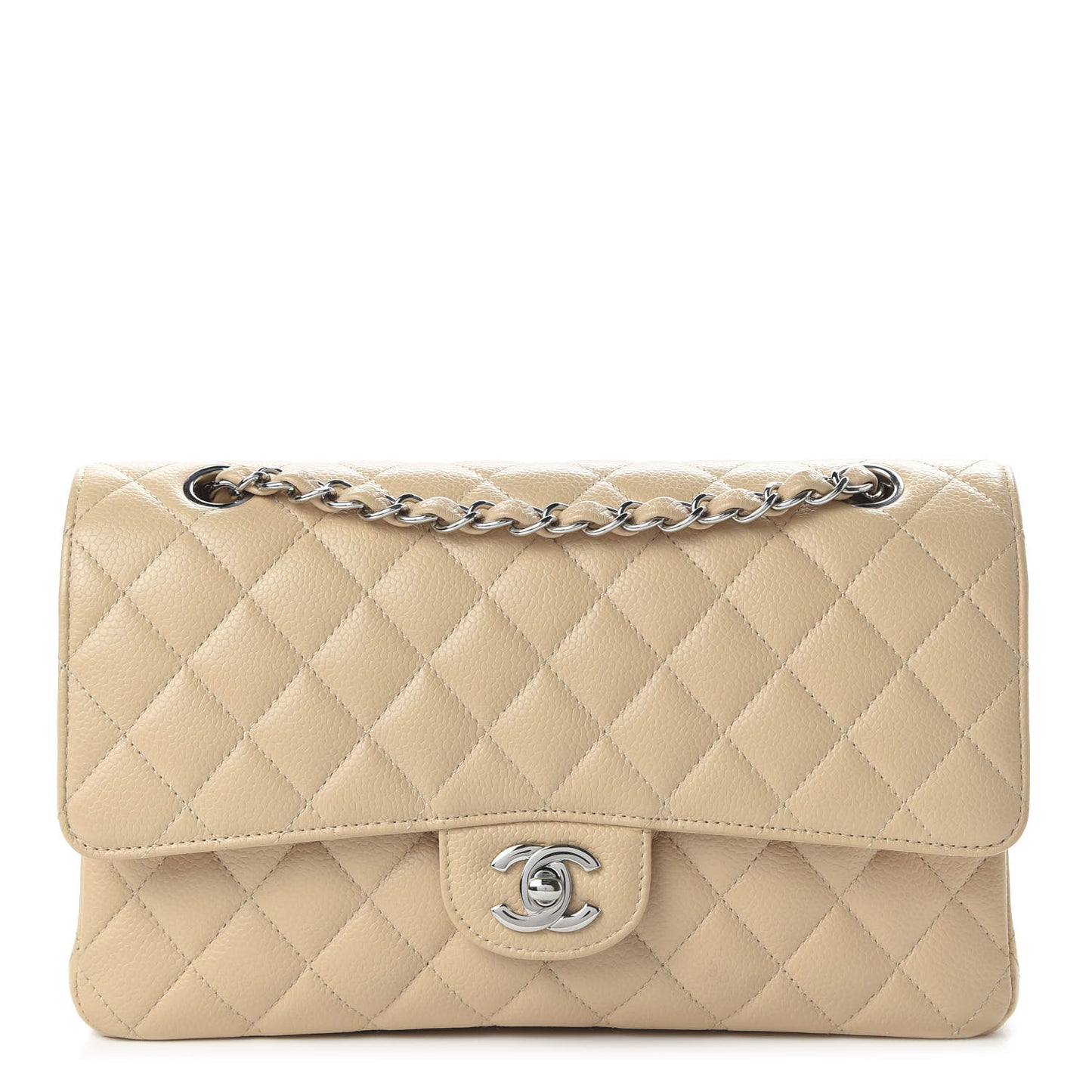 Caviar Quilted Medium Double Flap Beige