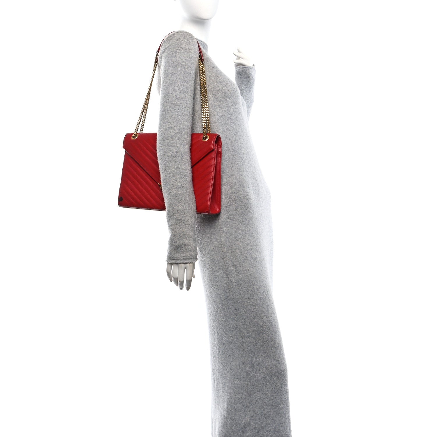 Saint Laurent Grain De Poudre Matelasse Chevron Large Monogram Satchel Lipstick Red 3 of 11