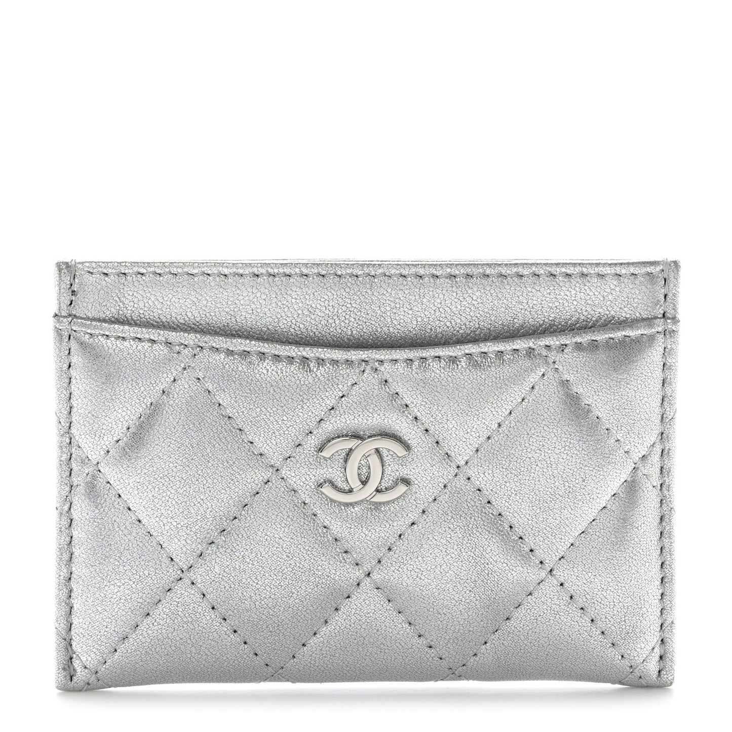 Metallic Lambskin Quilted CC Card Holder Silver