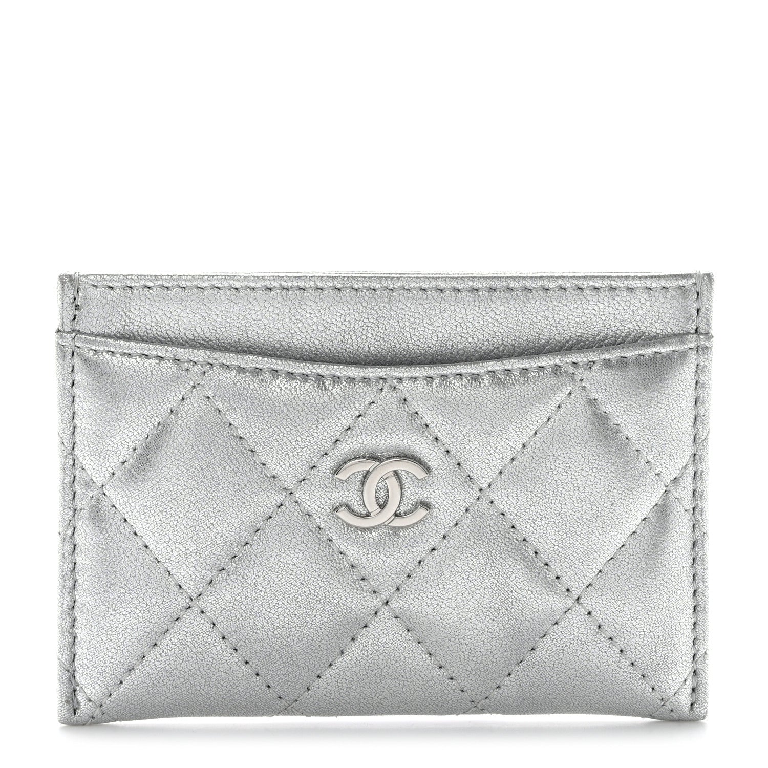 Chanel Metallic Lambskin Quilted CC Card Holder Silver 1 of 10