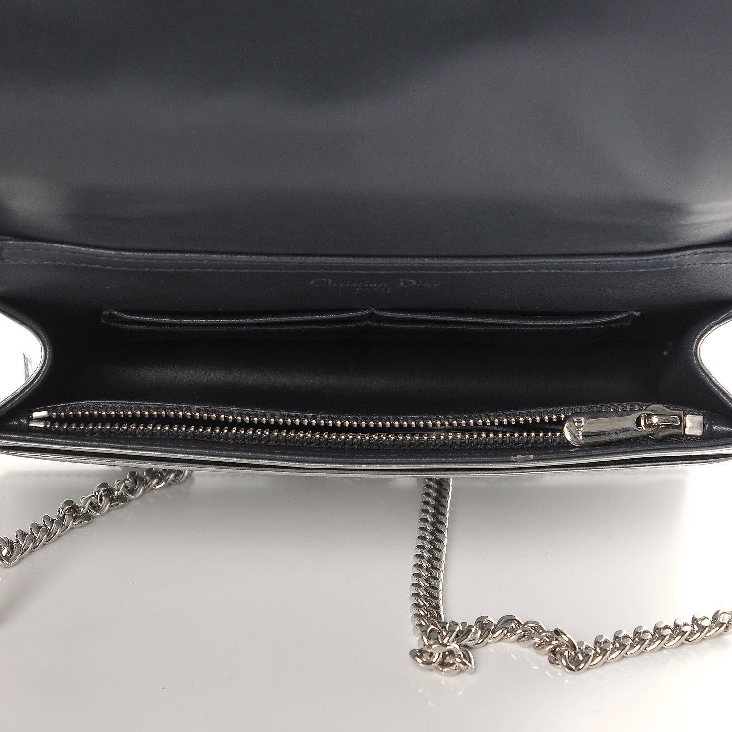 Christian Dior Metallic Patent Micro-Cannage Diorama Wallet on Chain Pouch Silver 5 of 9