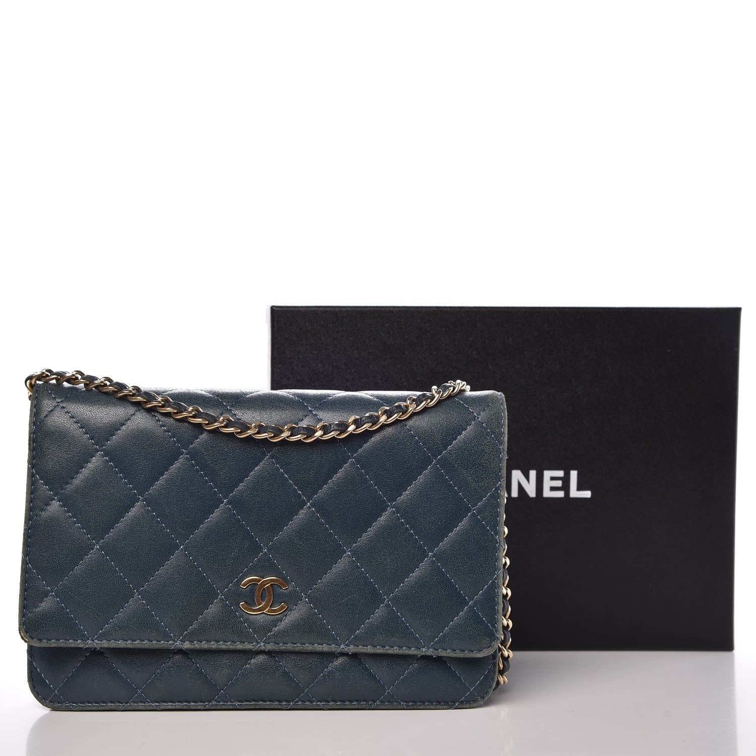 Chanel Lambskin Quilted Wallet On Chain WOC Blue 15 of 15