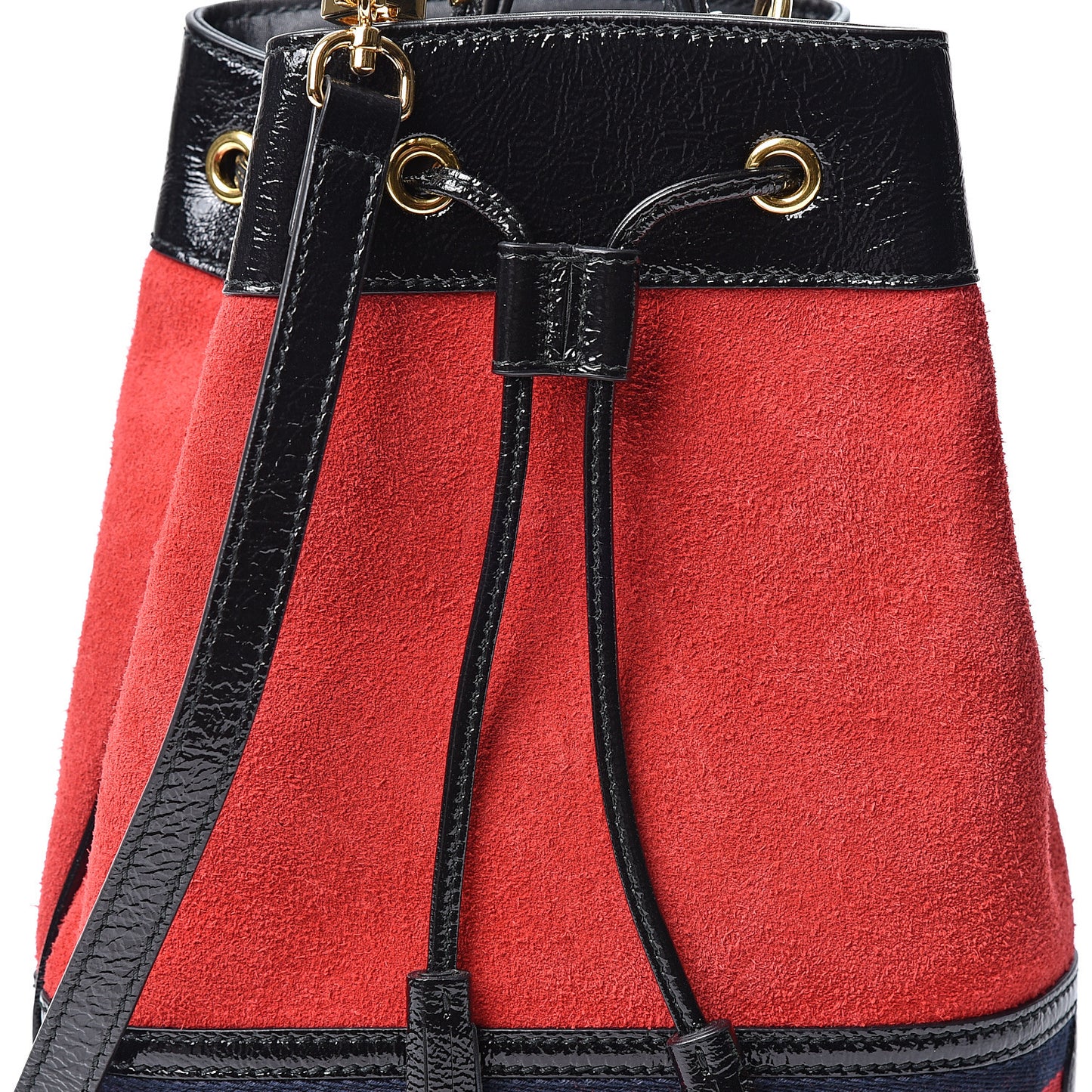 Suede Patent Web Small Ophidia Bucket Bag Hibiscus Red Black