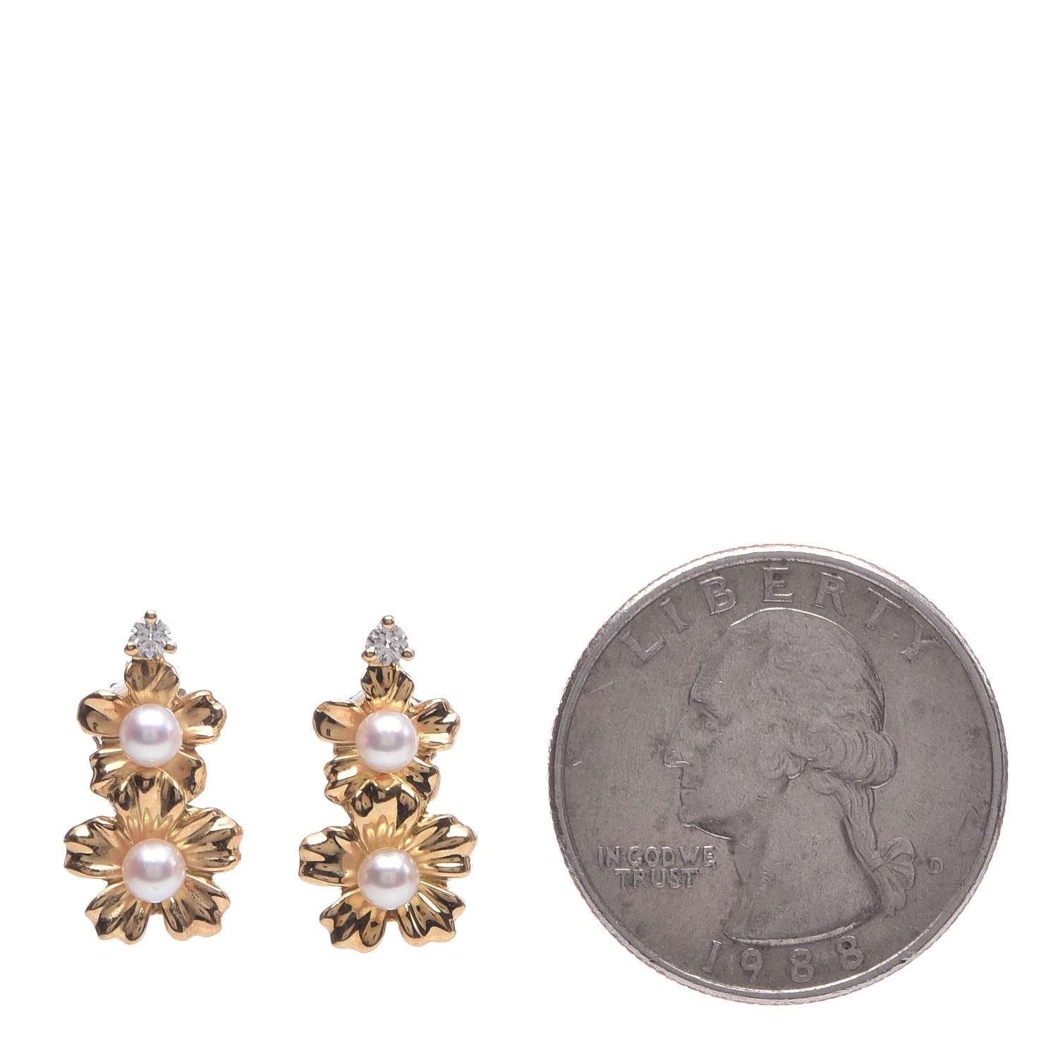 Mikimoto 18K Yellow Gold Diamond Akoya Pearl Flower Drop Earrings 2 of 5