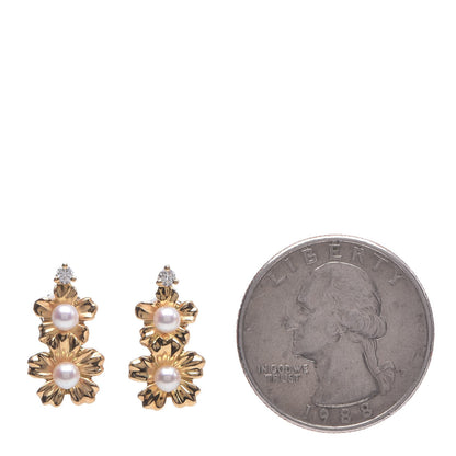 Mikimoto 18K Yellow Gold Diamond Akoya Pearl Flower Drop Earrings 2 of 5
