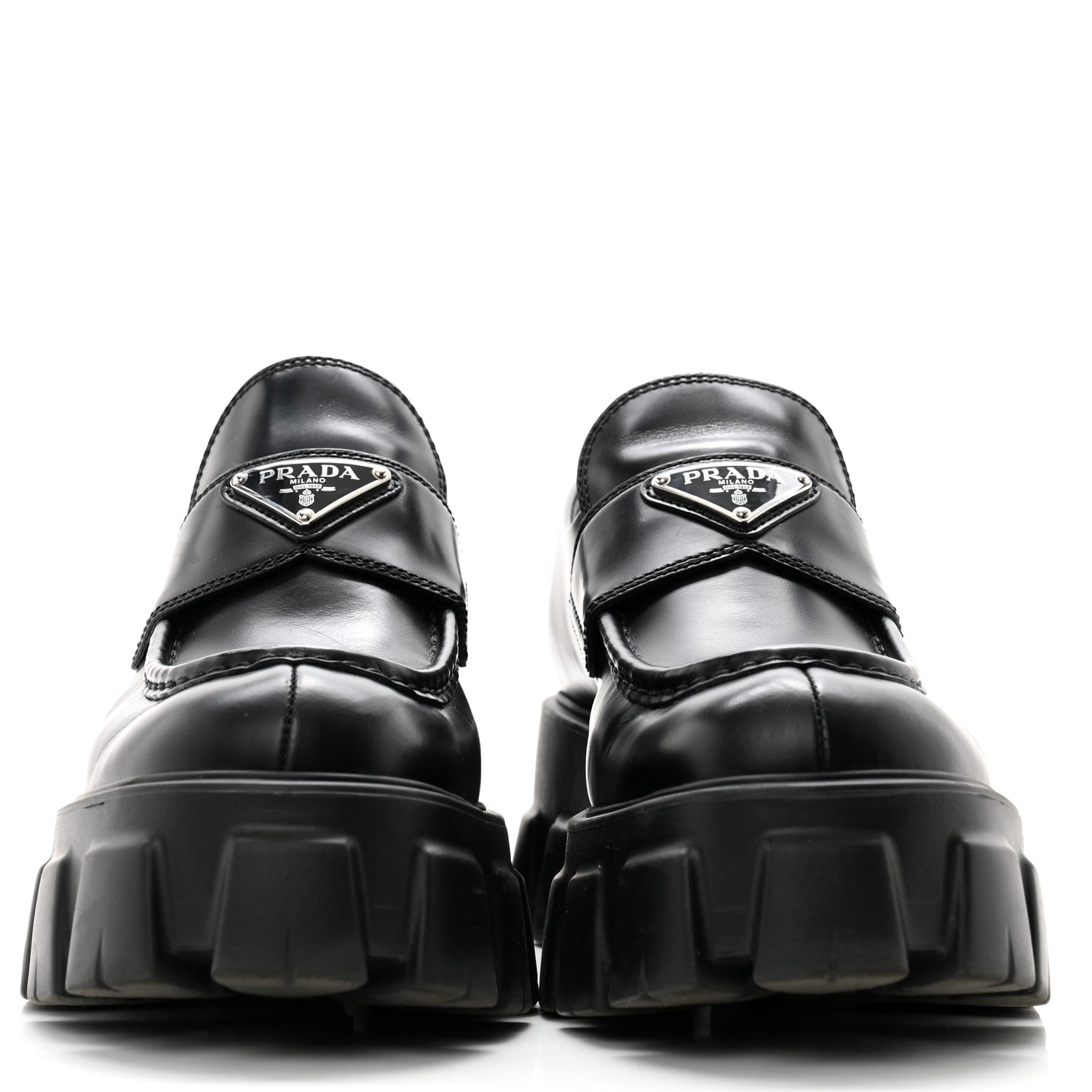 Prada Spazzolato Rois Metal Triangle Logo Monolith 55mm Loafers 38.5 Black 2 of 10