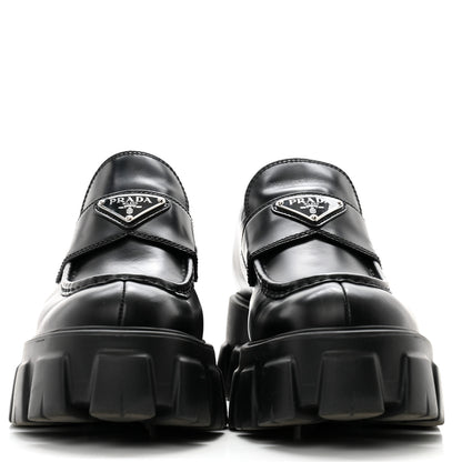 Prada Spazzolato Rois Metal Triangle Logo Monolith 55mm Loafers 38.5 Black 2 of 10